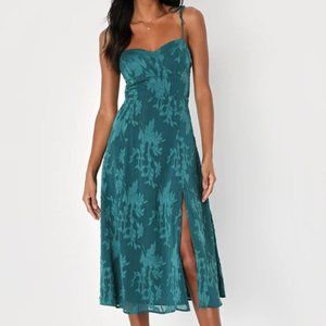 LuLu's Emerald Green Jacquard Tie-Strap Midi Dress (XS) NWT